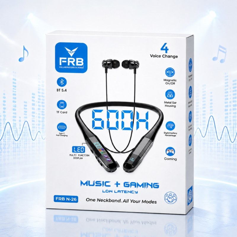 FRB 600H Voice Change Wireless Neckband N26 | Bluetooth 5.4 Magnetic Earphones with Low Latency & LED Display