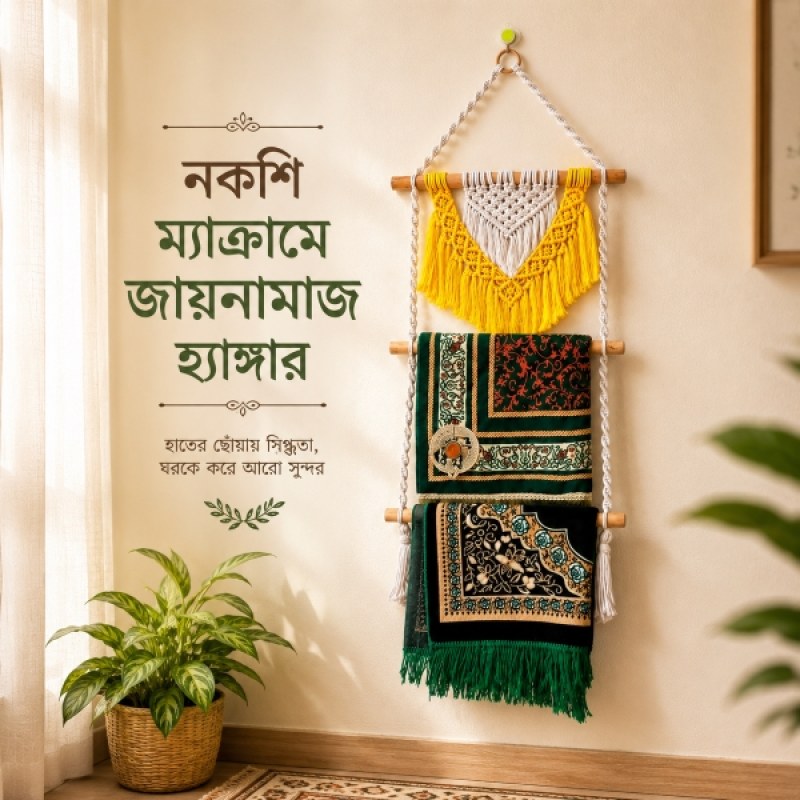 Handmade Nakshi Macrame Prayer Mat Hanger | Decorative Jai Namaz Wall Organizer