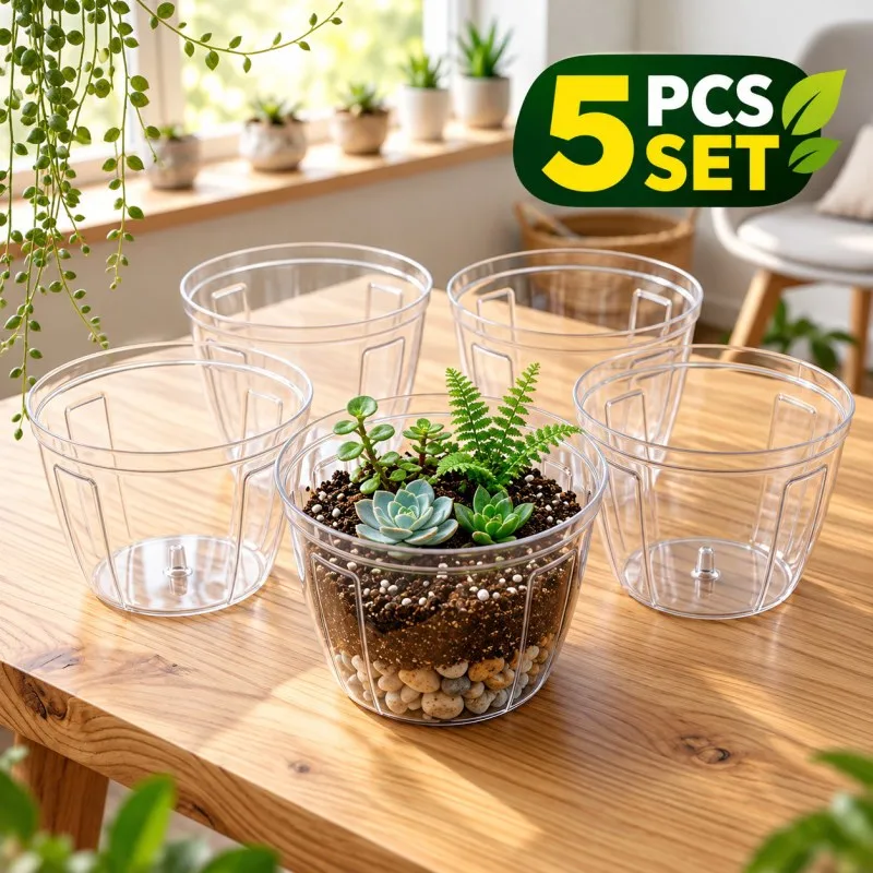 Premium 5 Inch Transparent Plant Pot – Plant-Safe, Durable & Clear Plastic Pot (5 PCS Set