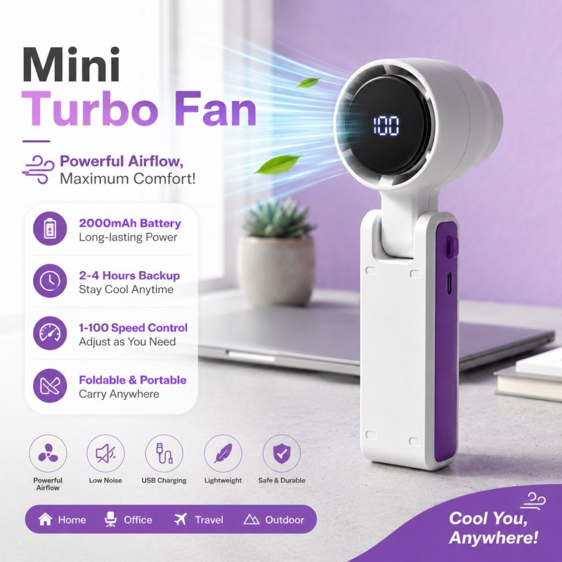 Portable Mini Turbo Fan 2000mAh | USB Rechargeable Handheld Fan with 1-100 Speed Adjustment
