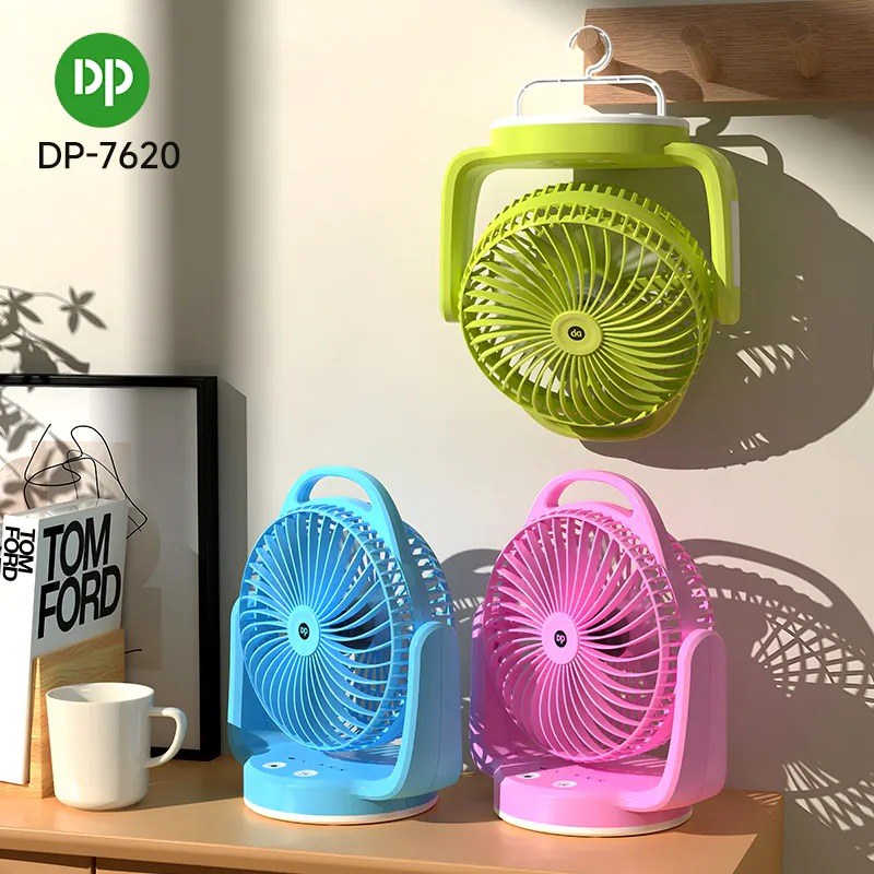 DP-7620 Rechargeable Desktop Fan with LED Light & Hanging Hook | Portable USB Rechargeable Table Fan