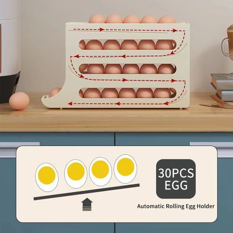 4-Tier Large Capacity Auto Rolling Egg Storage Rack | Gravity Feed Refrigerator Egg Organizer
