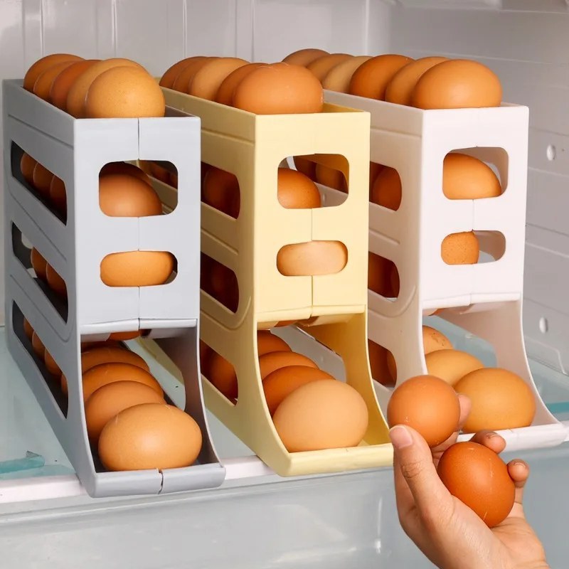 4-Tier Large Capacity Auto Rolling Egg Storage Rack | Gravity Feed Refrigerator Egg Organizer