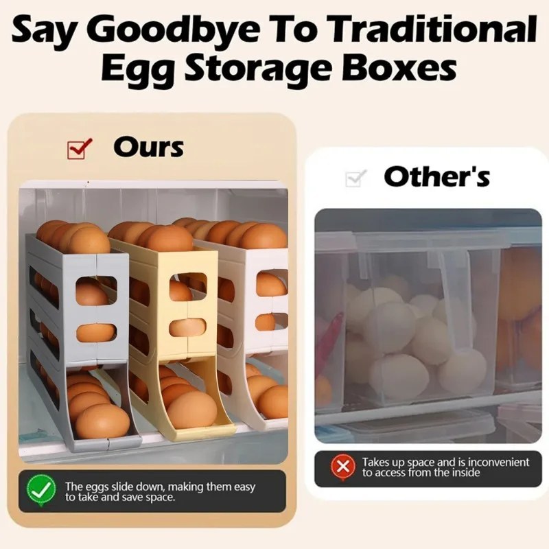 4-Tier Large Capacity Auto Rolling Egg Storage Rack | Gravity Feed Refrigerator Egg Organizer