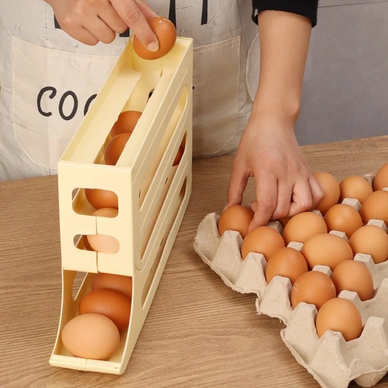 4-Tier Large Capacity Auto Rolling Egg Storage Rack | Gravity Feed Refrigerator Egg Organizer